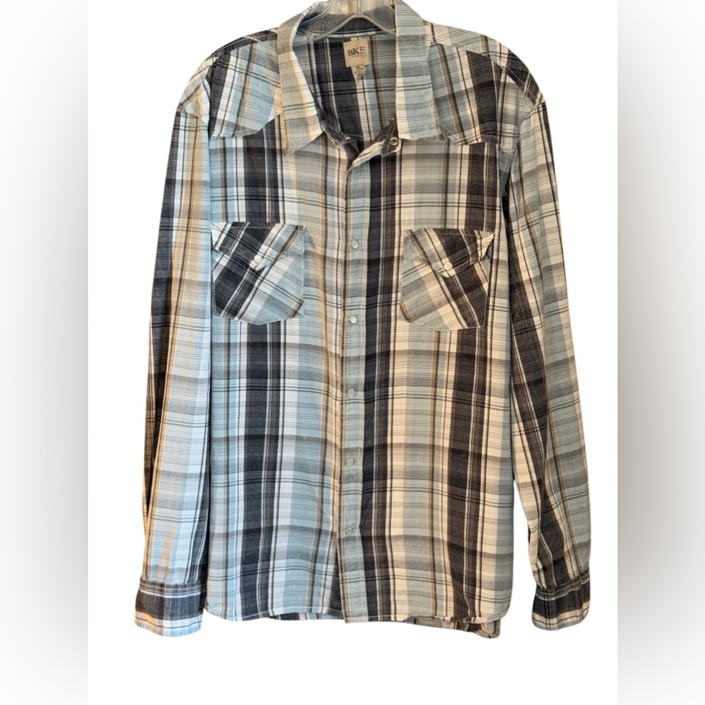 BKE Mens Button Down Shirt Pearl Snap 100% Cotton Sz XL Distressed Plaid Western